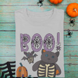 Boo! Cute Patchwork Skeleton Cat and Bat Halloween T-Shirt<br><div class="desc">This cute graphic tee is perfect for spreading Halloween cheer in an adorable way. It features the message "BOO!" in lavender coloured letters decorated with some spooky spiderwebs and illustrations of patchwork pumpkins and a patchwork cat and bat. The stuffed animals have button eyes and skeletons showing on their bellies...</div>