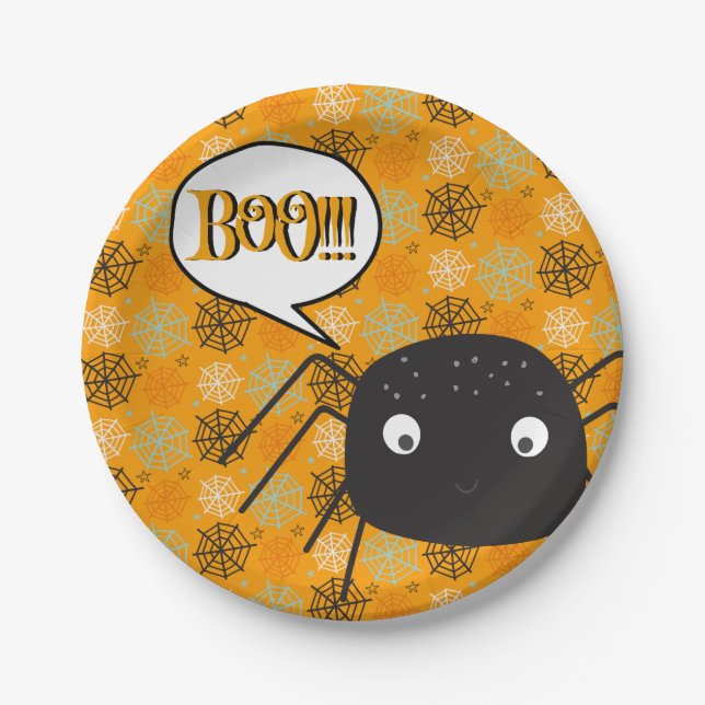 Boo!, cute spider pumpkin spider-web patterned paper plate (Front)
