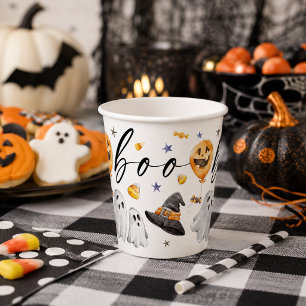 Boo Cute Watercolor Halloween Ghost Pumpkin Party Paper Cups