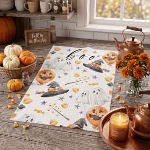 Boo Cute Watercolor Halloween Ghost Pumpkin Patter Tea Towel