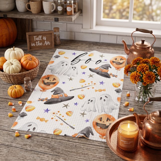 Boo Cute Watercolor Halloween Ghost Pumpkin Patter Tea Towel (Spook up your space with this Boo cute watercolor Halloween ghost pumpkin pattern design.)