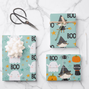 Boo! Cute witch ghost black cat and stars Wrapping Paper Sheet