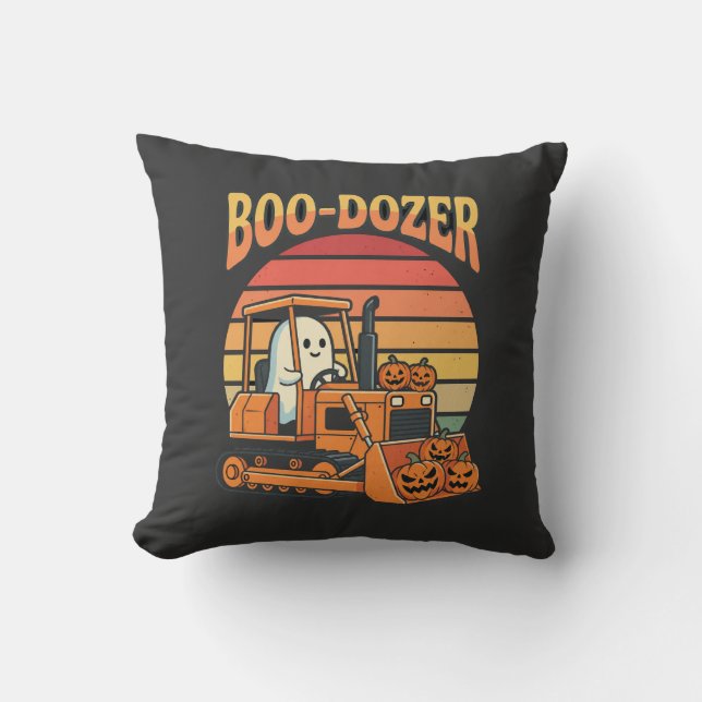 Boo-Dozer Halloween Ghost Pumpkin Bulldozer Cushion (Front)