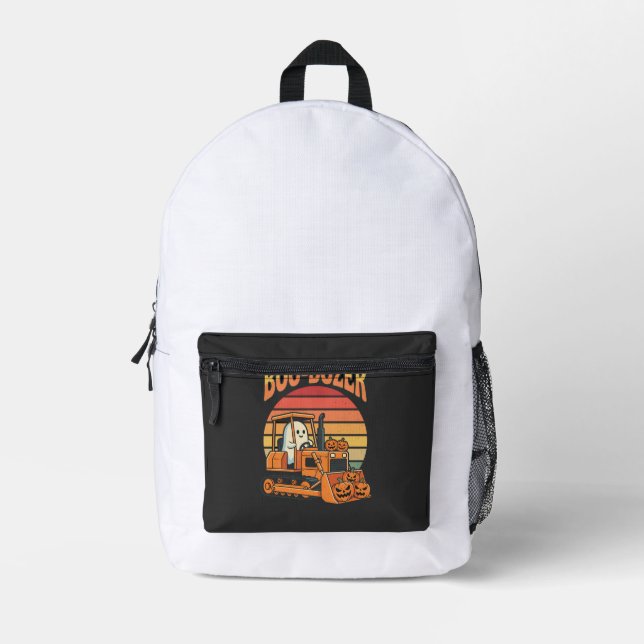 Boo-Dozer Halloween Ghost Pumpkin Bulldozer Printed Backpack (Front)