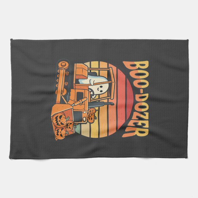 Boo-Dozer Halloween Ghost Pumpkin Bulldozer Tea Towel (Horizontal)
