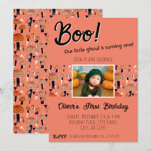 Boo First Birthday Mushrooms Halloween Fall Invitation