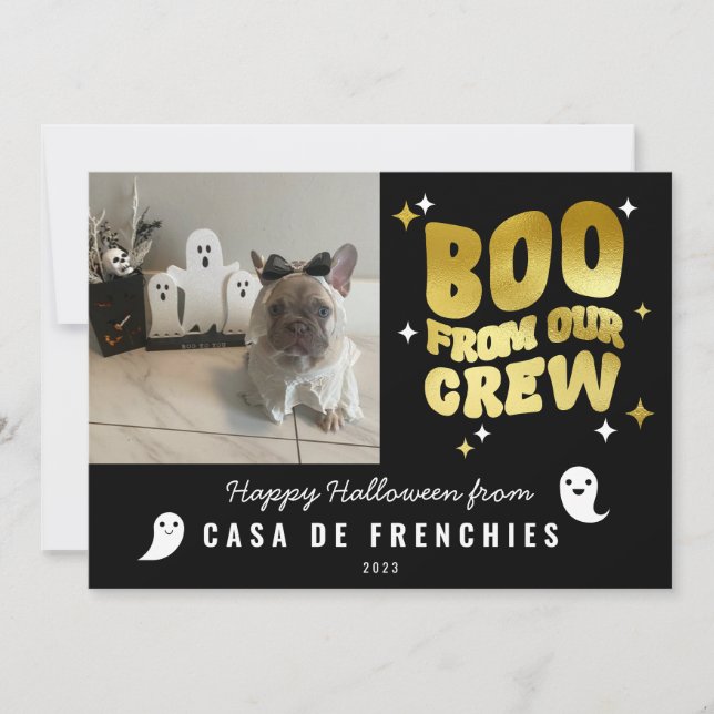 Boo From Crew | Modern Retro Halloween Photo Gold Holiday Card (Front)