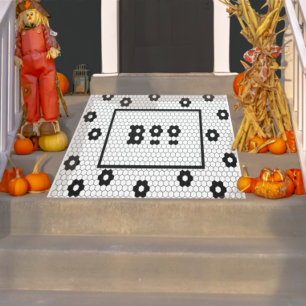 Boo Fun Halloween Hex Tile Design Black and White Doormat