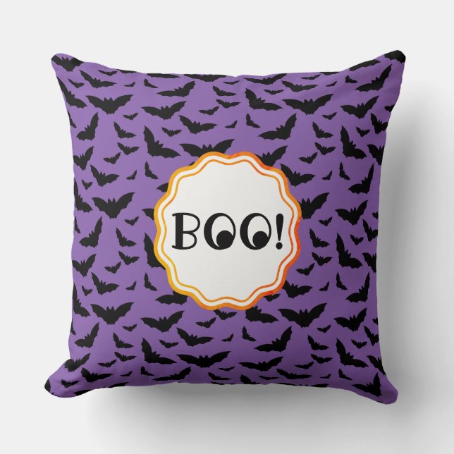 BOO! Funny Halloween Purple/Black Flying Bats  Cushion (Front)