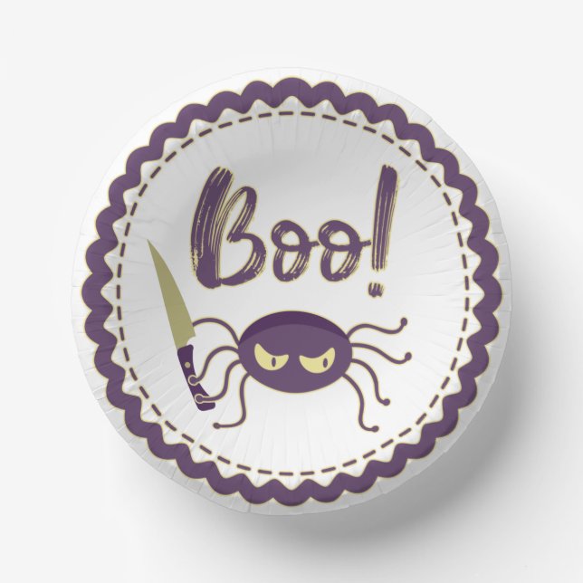 Boo funny Halloween spider character knife hand Paper Plate (Front)