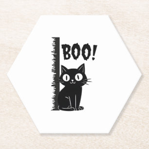 Boo! Funny Hiding Peekaboo Scary Halloween Cat Paper Coaster