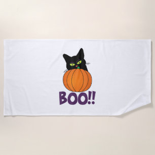 Boo Funny Jolly Cat Peeking Pumpkin Halloween part Beach Towel