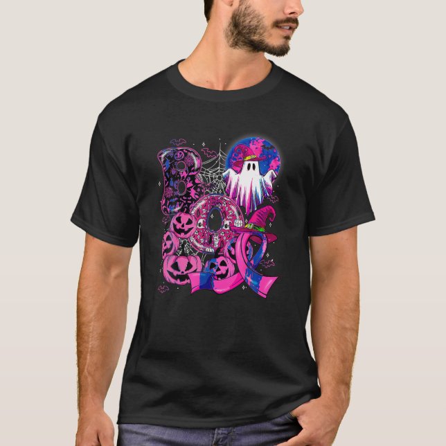 Boo Funny Pumpkins Ghost Pink Ribbon Halloween Bre T-Shirt (Front)