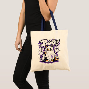 Boo Ghost Calico Cat Halloween Tote Bag