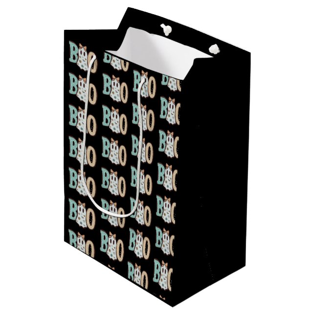Boo Ghost Green Orange Cute Black Halloween Medium Gift Bag (Front Angled)
