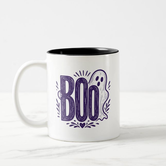 Boo Ghost Halloween Linocut Design Two-Tone Coffee Mug (Left)