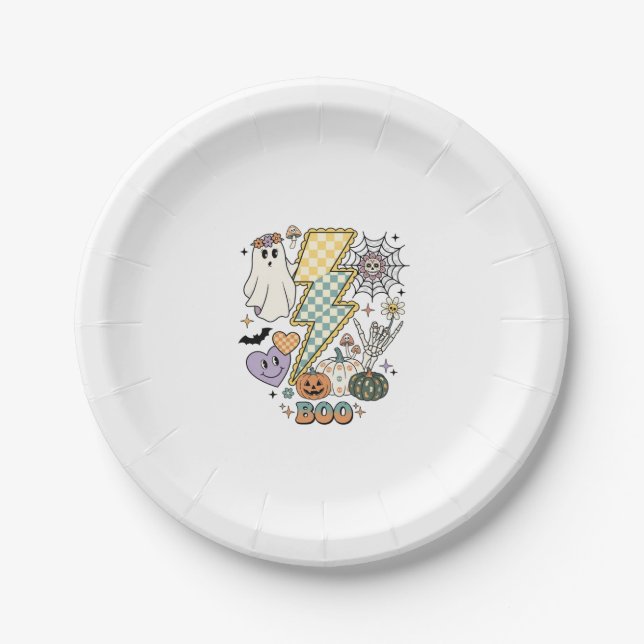 Boo Ghost Lightning Bolt Skeleton Hand Pumpkins Paper Plate (Front)