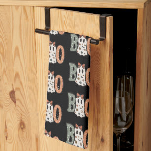 Boo Ghost Orange Green Cute Black Halloween Tea Towel