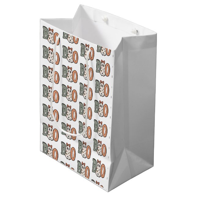 Boo Ghost Orange Green Cute White Halloween Medium Gift Bag (Front Angled)