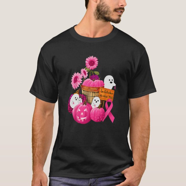 Boo Ghost Pumpkin October Wear Pink Breast Cancer  T-Shirt (Front)