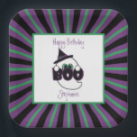 Boo Ghost Purple, Black, and Green Birthday Paper Plate<br><div class="desc">This friendly, little ghost is a sweet addition to a Halloween-themed birthday or other Halloween celebration. All dressed up in a black witch's hat with a purple band and green buckle, this cute ghost peeks above a big purple and black sign saying, "Boo." This plate can easily be customised with...</div>