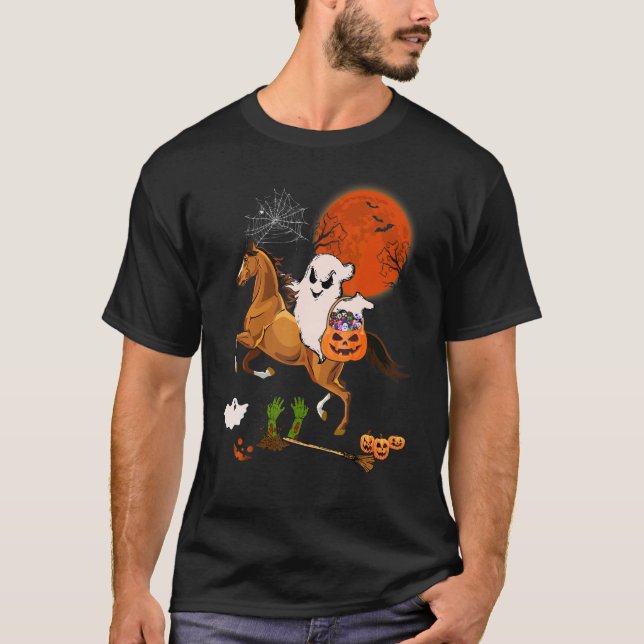 Boo Ghost Riding Horse With Candy Basket Scary Pum T-Shirt (Front)