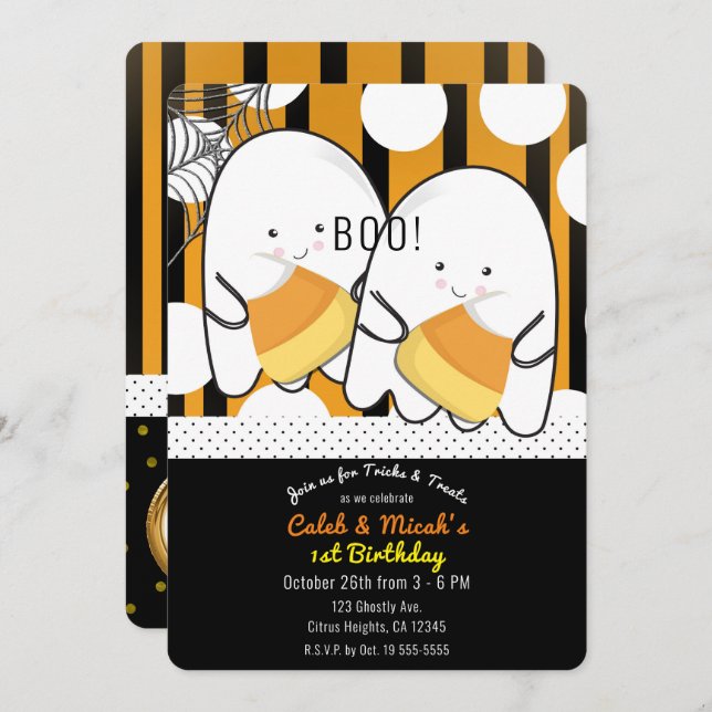 Boo Ghost Twin Boys Halloween 1st Birthday Party Invitation (Front/Back)