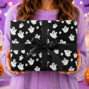 Boo Ghosts Black Halloween Pattern Wrapping Paper