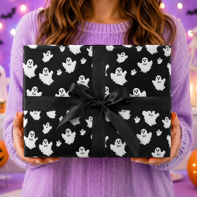 Boo Ghosts Black Halloween Pattern Wrapping Paper (Creator Uploaded)
