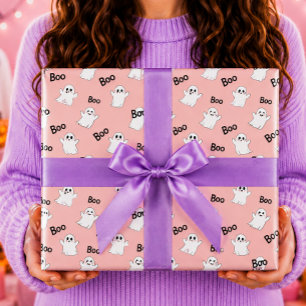Boo Ghosts Pink Halloween Pattern Wrapping Paper