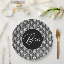 Boo! Gothic Skull Damask Paper Plate