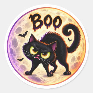 Boo! Grumpy Black Cat and Full Moon Halloween Classic Round Sticker