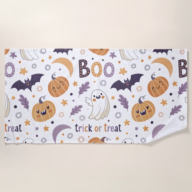Boo Halloween Beach Towel – Cute Ghost & Pumpkin (Front)