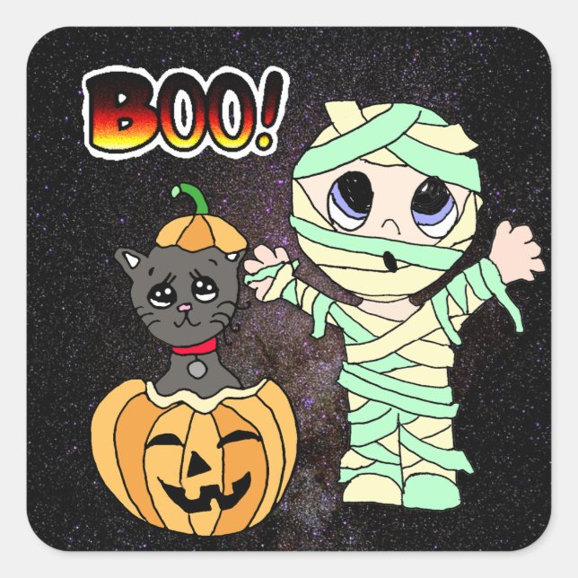 Boo Halloween  Black Cat in Pumpkin and Mummy Square Sticker (Front)