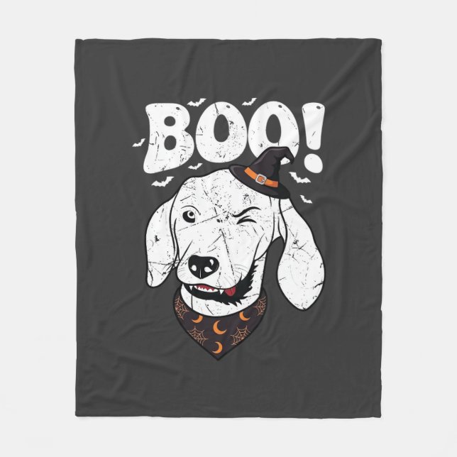 Boo Halloween Dog Witch Hat Bats Fleece Blanket (Front)