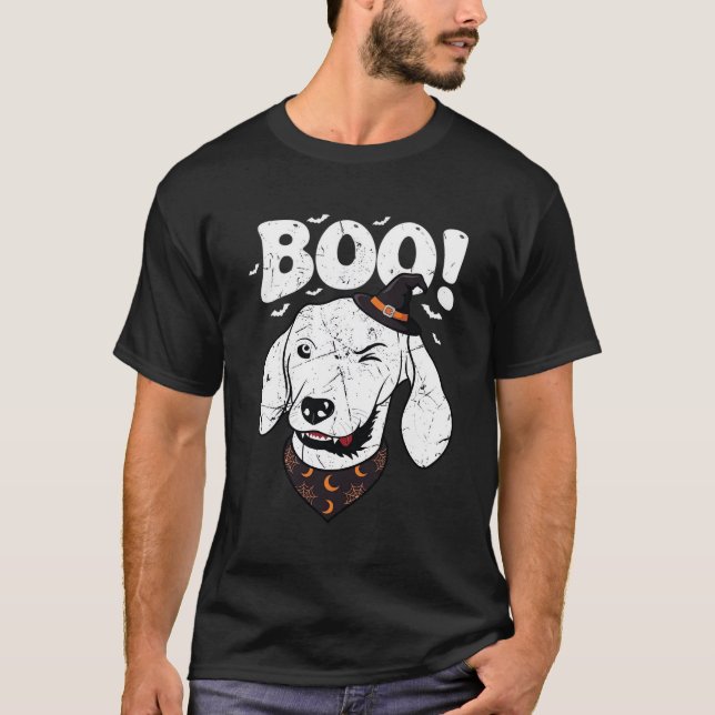 Boo Halloween Dog Witch Hat Bats T-Shirt (Front)