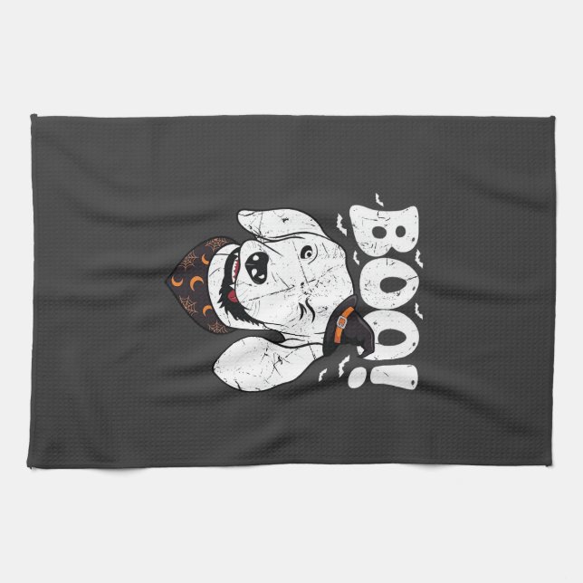 Boo Halloween Dog Witch Hat Bats Tea Towel (Horizontal)
