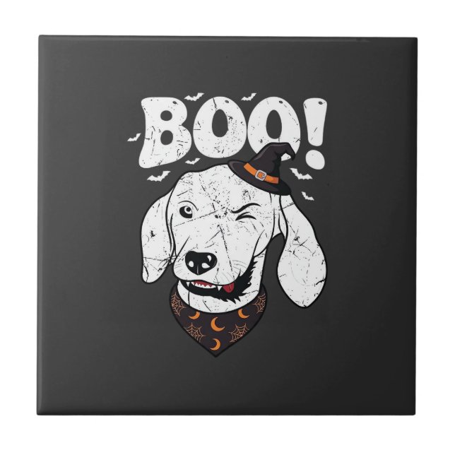 Boo Halloween Dog Witch Hat Bats Tile (Front)