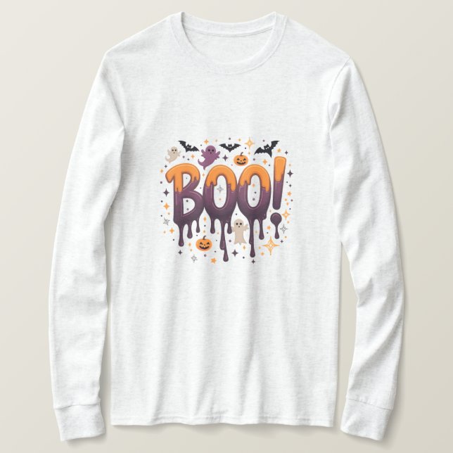 BOO Halloween Dripping Letters with Ghosts, Bats a T-Shirt (Design Front)
