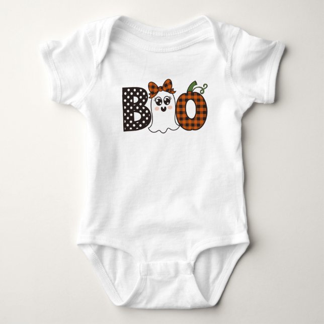 Boo Halloween Ghost and Plaid Pumpkin Baby Bodysuit (Front)