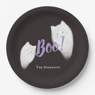 Boo! Halloween Ghost Cat Cute Black Paper Plate