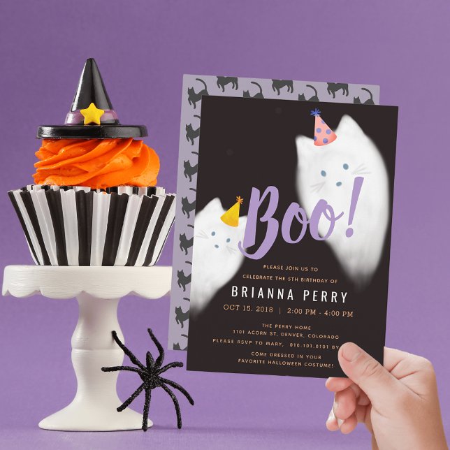 Boo! Halloween Ghost Cat Cute Purple Birthday Invitation (Creator Uploaded)