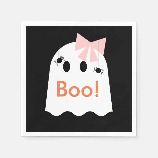 Boo! Halloween Ghost Girl Black Paper Napkins (Front)