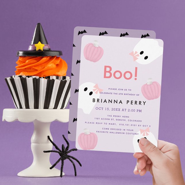 Boo! Halloween Ghost Girl Pumpkin Purple Birthday Invitation (Creator Uploaded)