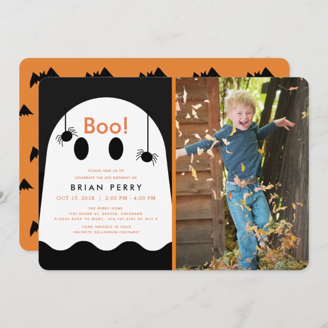 Boo! Halloween Ghost & Spiders Photo Birthday Invitation (Front/Back)