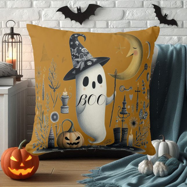 Boo Halloween Ghost Starry Night Half Moon Jack  Cushion (Boo Halloween Ghost Starry Night Half Moon Jack Throw Pillow)