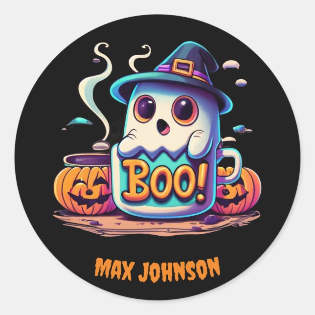 Boo! Halloween - Ghostly Gathering Orange Black Classic Round Sticker (Front)