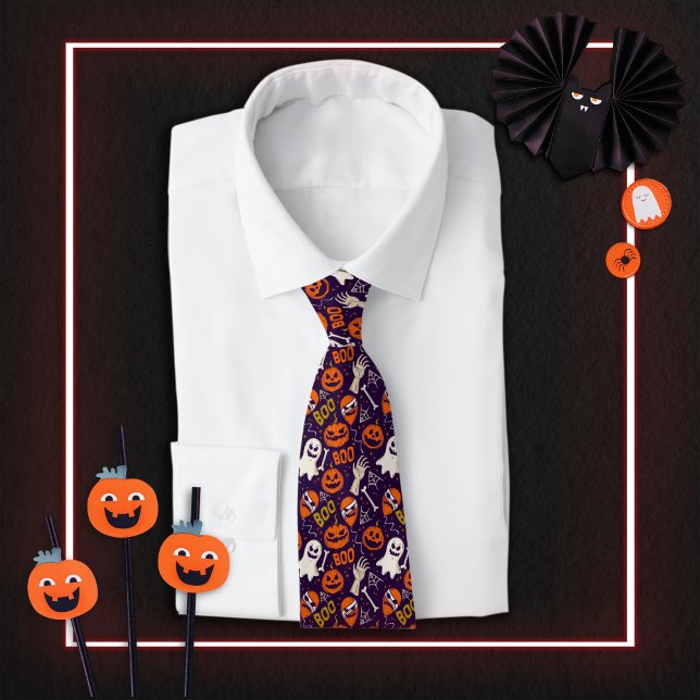 Boo Halloween Ghosts Orange Creepy Pumpkins Tie (Creator Uploaded)