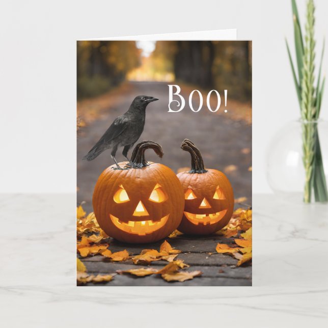 Boo Halloween Jack o' Lanterns and Raven Card (Front)