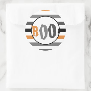 Boo Halloween Orange Black Striped Spooky Font Classic Round Sticker